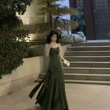 Sheath Spaghetti Straps Floor Length Olive Green Satin Party Dresses Birthday Outfits SD432